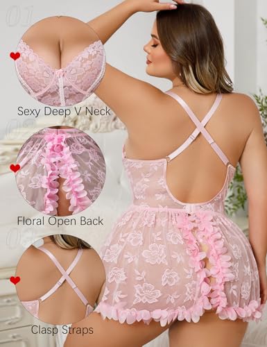 Mixxmix Plus Size Lingerie for Women Open Back Lace Babydoll Nightgown - color: Pink, size: X-Large