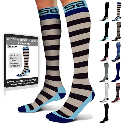 SB SOX Lite Compression Socks for Flying (15–20 mmHg) - color: Stripes - Gray/Blue, size: L/XL