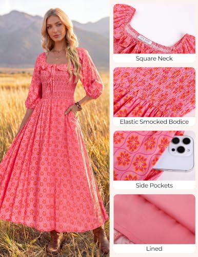Kate Kasin Womens Summer Fall Boho Maxi Wedding Guest Dresses with Pockets - color: Pink Geometric Floral, size: Medium