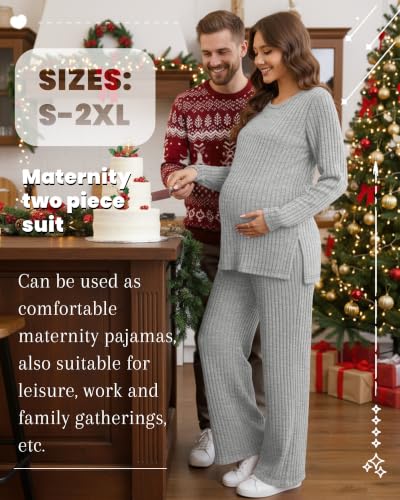 Women's 2 Piece Maternity Ribbed Pajama Outfit - color: Light Gray, size: Small