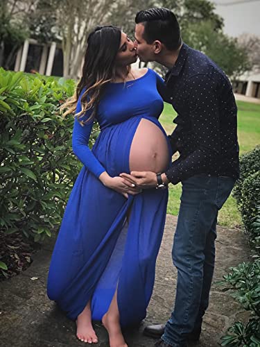 YnimioAOX Maternity Photoshoot Dress Off Shoulder Long Sleeve - color: Royal Blue
