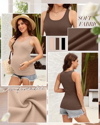 Ficerd 3 Pack Women's Maternity Ribbed Tank Tops - color: Khaki, Brown, Black, size: Large