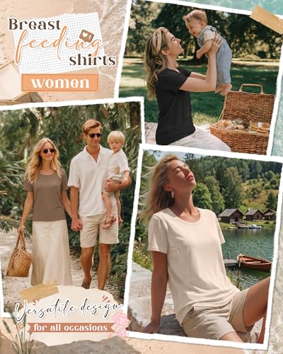 3 Pack Nursing Tops for Women - color: Beige, Coffee, Black, size: Large