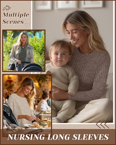 3 Pack Maternity Nursing Ribbed Long Sleeve Tops - color: Army Green, Apricot, Coffee, size: X-Large