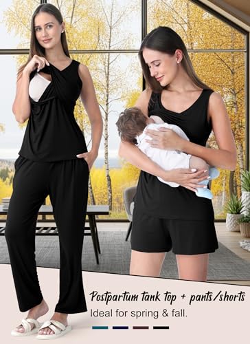 Rnxrbb 4PCS Year-Round Nursing Pajamas Robe Set Postpartum Breastfeeding Pj - color: Black, size: Medium