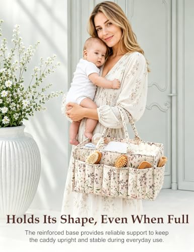 Quilted Diaper Caddy Organizer with Handle, Portable Nursery Storage Basket - color: Flower Leaf