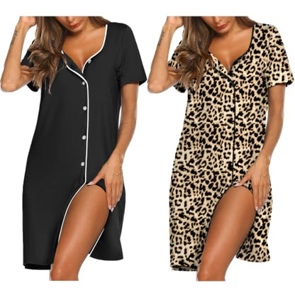 Ekouaer Nightgowns for Women 2 Pack Night Gowns Button Down Sleep Shirts - color: Black/Leopard-black Button, size: X-Large