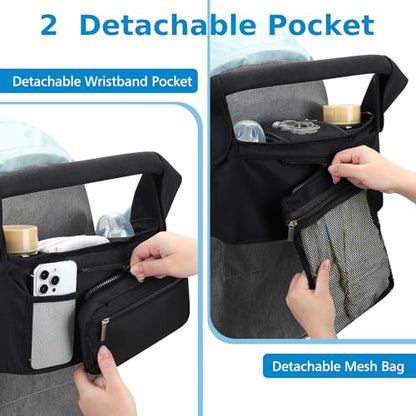Accmor Universal Stroller Organizer with Insulated Cup Holder - color: All Black/Detachable Diaper Pocket
