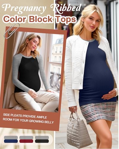 Neer 3 Pack Maternity Long Sleeve Shirts Ribbed Pregnancy Tops - color: Black, Wine Red, Navy Blue, size: Medium