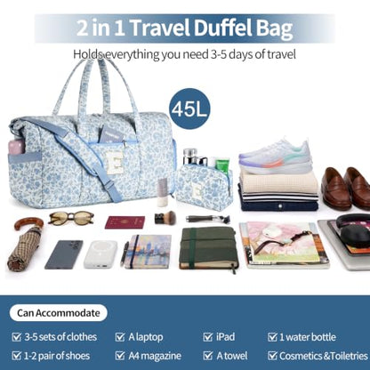 Personalized Quilted Duffle Bag for Travel Gym Weekender Hospital Carry On - color: Blue Flower, size: E