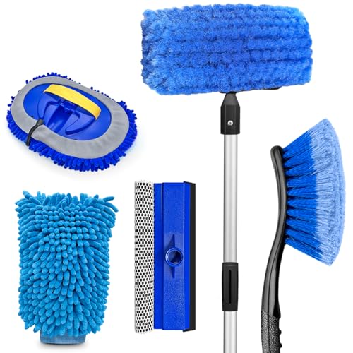 ARTIPOLY 65'' Five-Sided Car Wash Brush with Long Handle, Scratch-Free Car Cleaning Kit with Soft Wash Brush, Tire Brush, Window Squeegee, Car Wash Mitt, Microfiber Cleaning Head & Extension Pole - color: Blue, size: 12" brush 65" pole