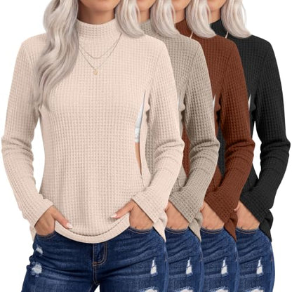 Huukeay 4 Pack Women's Long Sleeve Waffle Nursing Shirts - color: Apricot, Oatmeal, Brown, Black, size: Large
