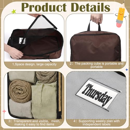 7 Pcs Packing Cubes for Travel Days of Week, Brown, L - color: Brown, size: L