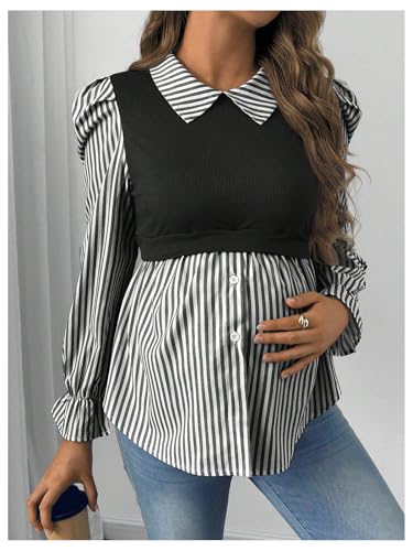 WDIRARA Women's Maternity Striped Button Down Shirts Long Sleeve Collared Blouse 2 in 1 Nursing Top - color: Black, size: Large