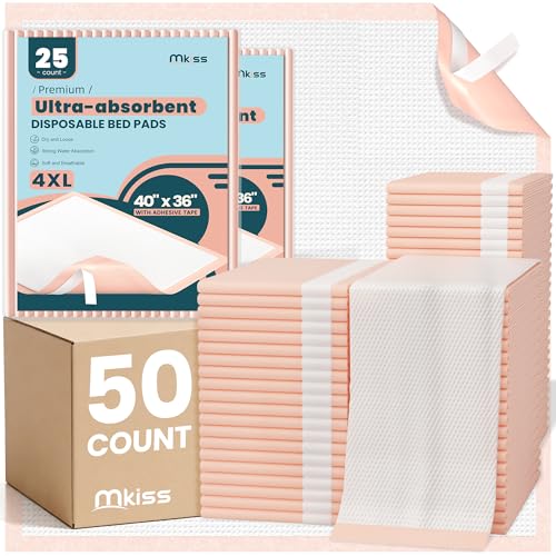 MKISS Extra Large Bed Pads with Adhesive Strips 40" x 36" 50 Count - size: 40"x36"-50Pcs(with Adhesive Stripes)
