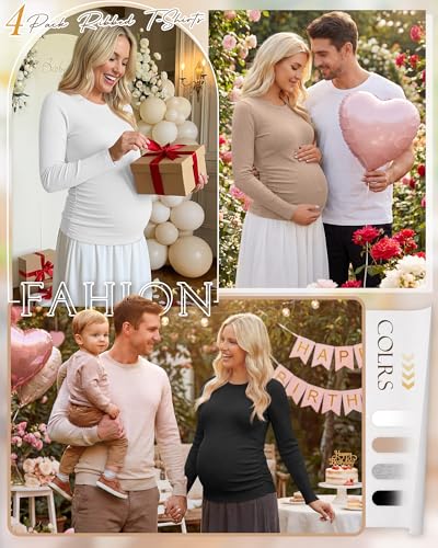 Ficerd 4 Pack Women's Maternity Shirts Long Sleeve Pregnancy Top - color: Black, Light Heather Gray, Khaki, White, size: Medium