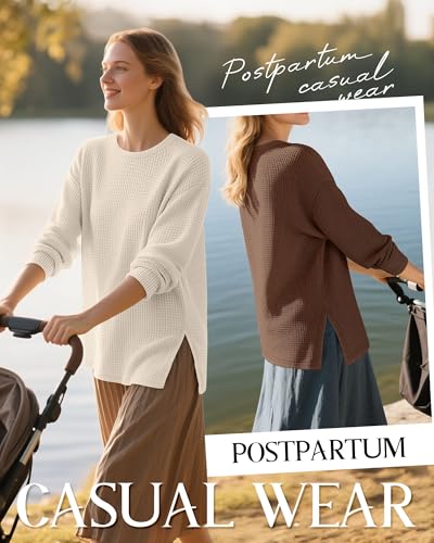 3 Pack Women's Maternity Waffle Knit Shirts - color: Apricot, Khaki, Brown, size: Medium