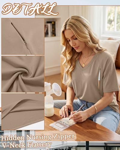 4 Pack Women's Nursing Short Sleeve Shirts - color: Cream, Khaki, Light Brown, Black, size: Small