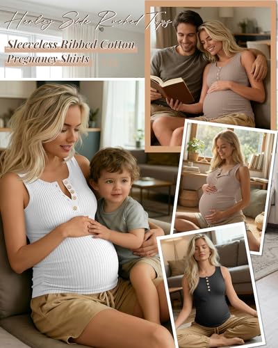 3 Pack Maternity Tank Tops Ribbed Tops - color: Khaki, White, Black, size: X-Large