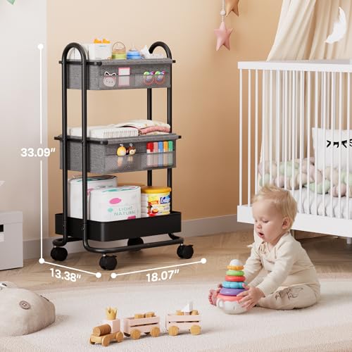 Modanais Baby Diaper Caddy Organizer Cart - 3 Tier Rolling Cart, Black - color: Black