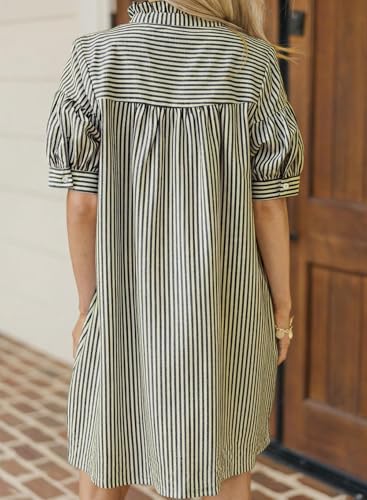BLENCOT Summer Dresses for Women Puff Sleeve Striped Button Mini Dress - color: Black Stripe, size: X-Large