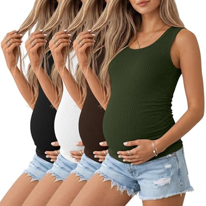 Ficerd 4 Pack Women's Maternity Tank Cotton Tops - color: Black, White, Coffee, Army Green, size: X-Large