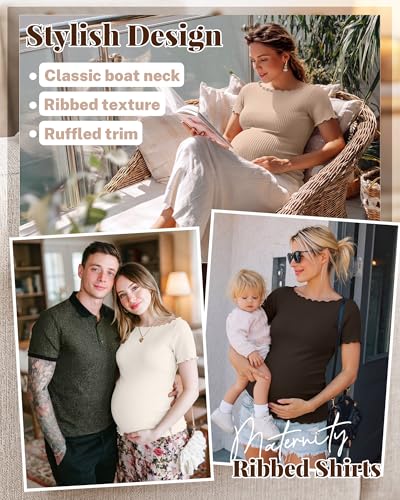 4 Pack Women's Maternity Ribbed Shirts - color: Black, Brown, Cream, Khaki, size: Large