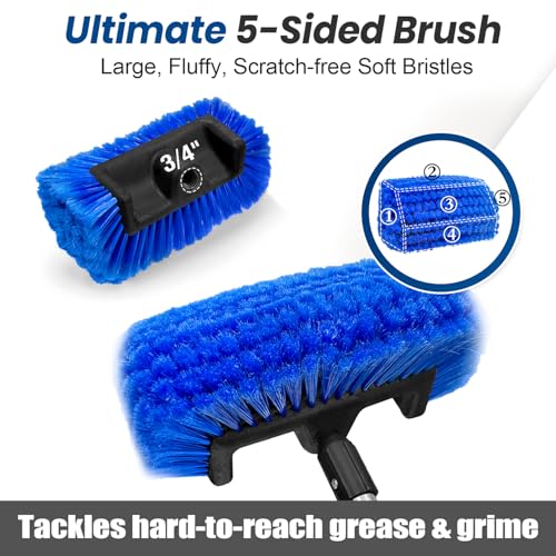 ARTIPOLY 65'' Five-Sided Car Wash Brush with Long Handle, Scratch-Free Car Cleaning Kit with Soft Wash Brush, Tire Brush, Window Squeegee, Car Wash Mitt, Microfiber Cleaning Head & Extension Pole - color: Blue, size: 12" brush 65" pole