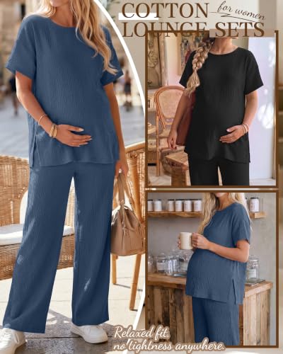 Ficerd 4 Pcs 100% Cotton Muslin Maternity Pajamas Lounge Sets - color: Blue, Black, size: Small