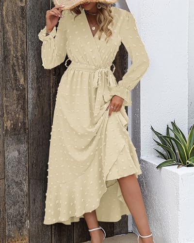BTFBM Long Sleeve Maxi Dresses for Women Summer - color: Beige, size: Small