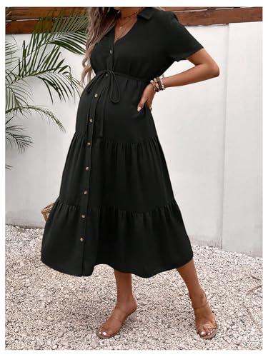 OYOANGLE Women's Maternity Button Belted Dress - color: Black, size: Medium