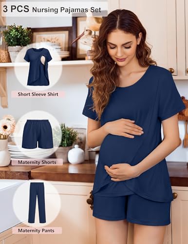 Ekouaer 3 PCS Maternity Nursing Pajamas Set Postpartum Breastfeeding PJS - color: Navy Blue, size: Small