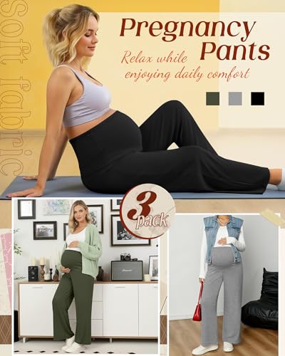 3 Pack Women's Maternity Lounge Pants Soft Sweatpants - color: Army Green, Light Heather Gray, Black, size: Medium