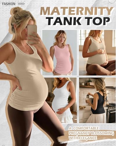 Ficerd 4 Pack Women's Maternity Tank Cotton Tops - color: Black, White, Khaki, Light Pink, size: Large