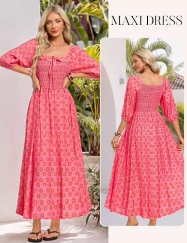 Kate Kasin Womens Summer Fall Boho Maxi Wedding Guest Dresses with Pockets - color: Pink Geometric Floral, size: Medium