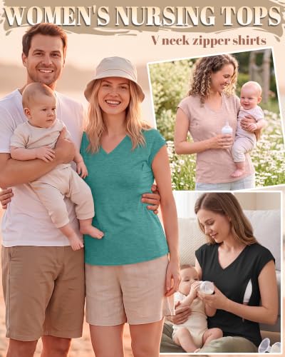3 Pack Womens Nursing Tops V Neck - color: Light Pink, Blue Green, Black, size: Small