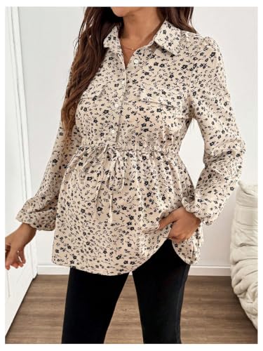 MakeMeChic Women's Maternity Blouse Long Sleeve Belted Button Down Tops - color: Apricot, size: X-Large