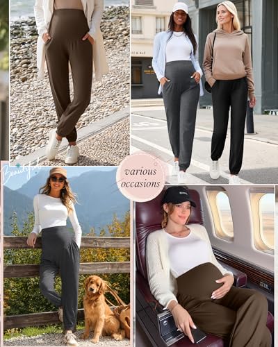 3 Pack Women's Maternity Jogger Pregnancy Sweatpants - color: Brown, Dark Gray, Black, size: Medium