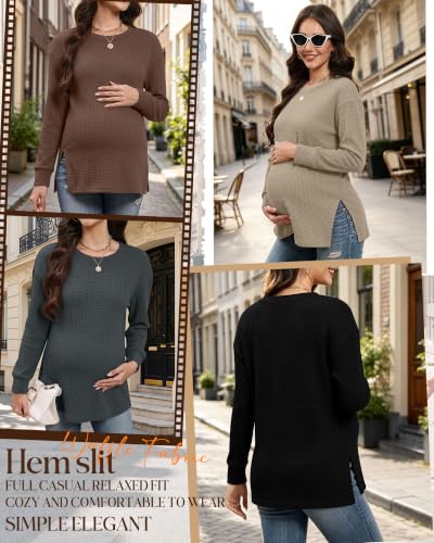 Xaatren 4 Pack Womens Maternity Long Sleeve Shirts Waffle Tops - color: Charcoal Gray, Khaki Green, Brown, Black, size: Medium