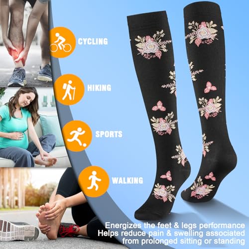 bropite 8 Pairs Compression Socks For Women & Men 20-30 mmHg - color: A-8 Pairs White Fower, size: Small-Medium