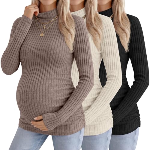 Neer 3 Pack Women's Maternity Mock Turtleneck Long Sleeve Tops - color: Khaki, Apricot, Black, size: Medium
