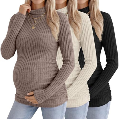 Neer 3 Pack Women's Maternity Mock Turtleneck Long Sleeve Tops - color: Khaki, Apricot, Black, size: Medium