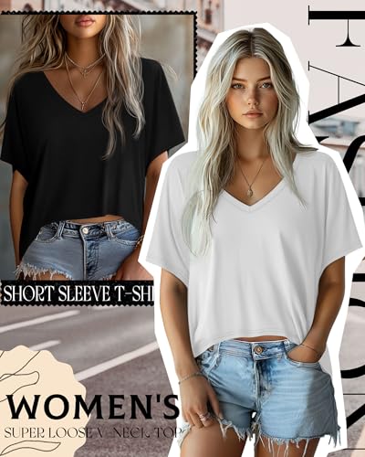 Huukeay 3 Pack Women's Oversized V Neck T Shirts - color: Army Green, White, Black, size: X-Large
