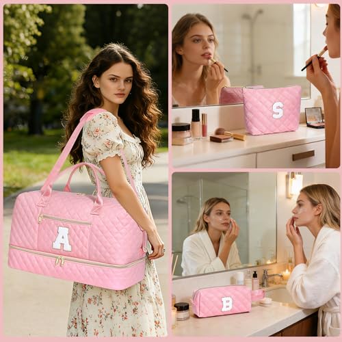 Graduation Gift for Her, Quilted Initial Travel Bag with Shoe Compartment - color: Pink, style: C