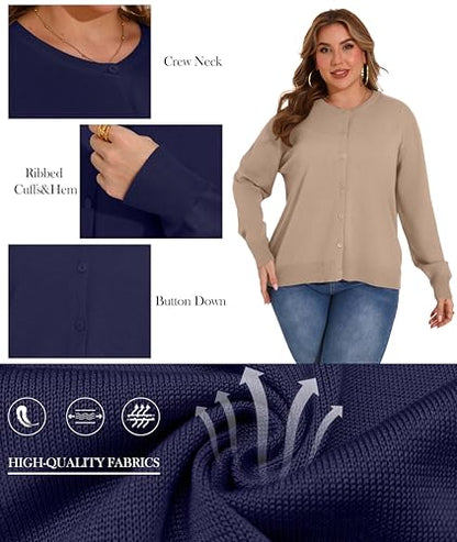 OLRIK Plus Size Long Sleeve Crewneck Cardigan Classic Fall Knit - color: Khaki, size: 2X