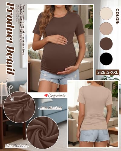 Huukeay 4 Pack Women's Short Sleeve Maternity Tops - color: Cream, Khaki, Coffee, Black, size: Medium