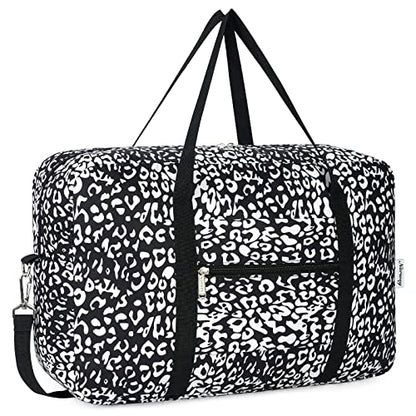 Narwey Personal Item Travel Bag, Carry on Foldable Duffle Bag for Women Men - color: CB-Black Leopard, size: with Shoulder Strap