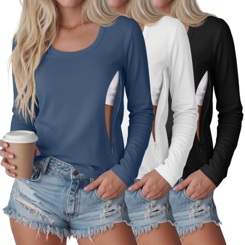3 Pack Women's Long Sleeve Nursing Tops - color: Haze Blue, White, Black, size: XX-Large
