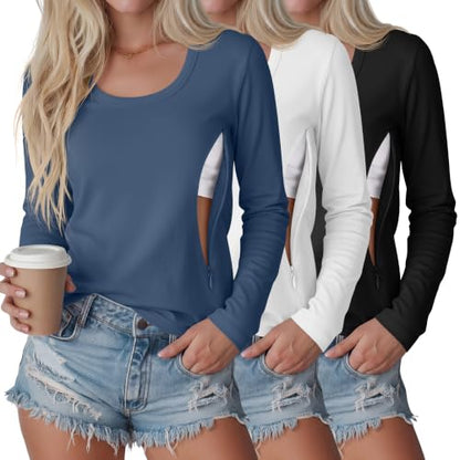 3 Pack Women's Long Sleeve Nursing Tops - color: Haze Blue, White, Black, size: XX-Large