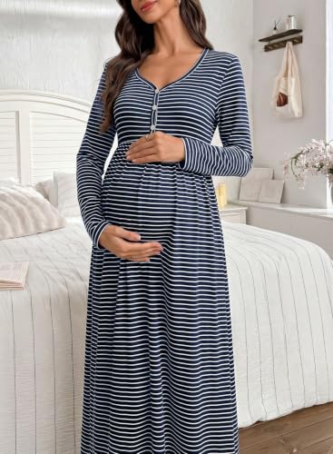 BLENCOT Maternity Dress V Neck Long Sleeve Striped Button Down Maxi Dresses - color: Navy Blue, size: Small